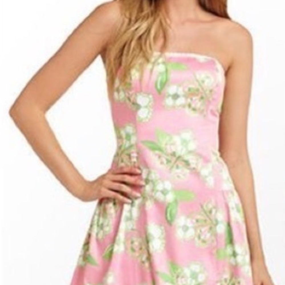 Lilly Pulitzer Jordan Pink Green White Floral Print Strapless Dress Size 6